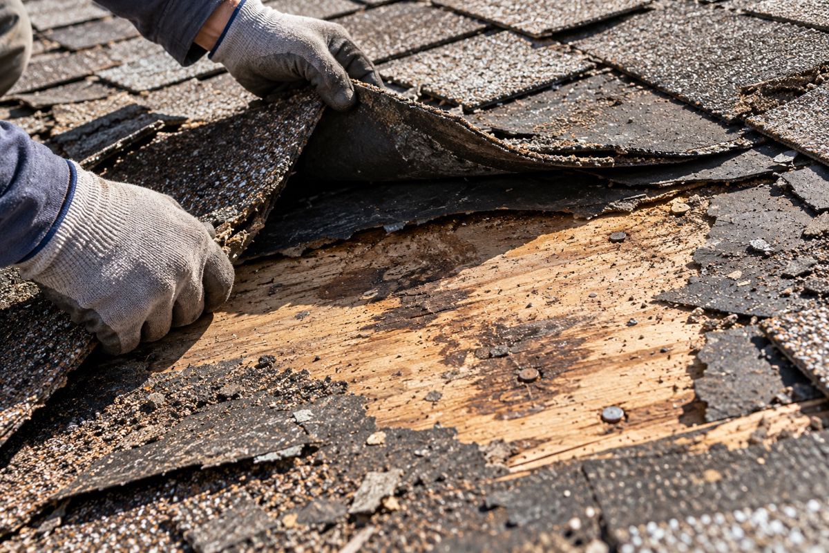 Gloved hands lifting old shingles to show worn roof decking