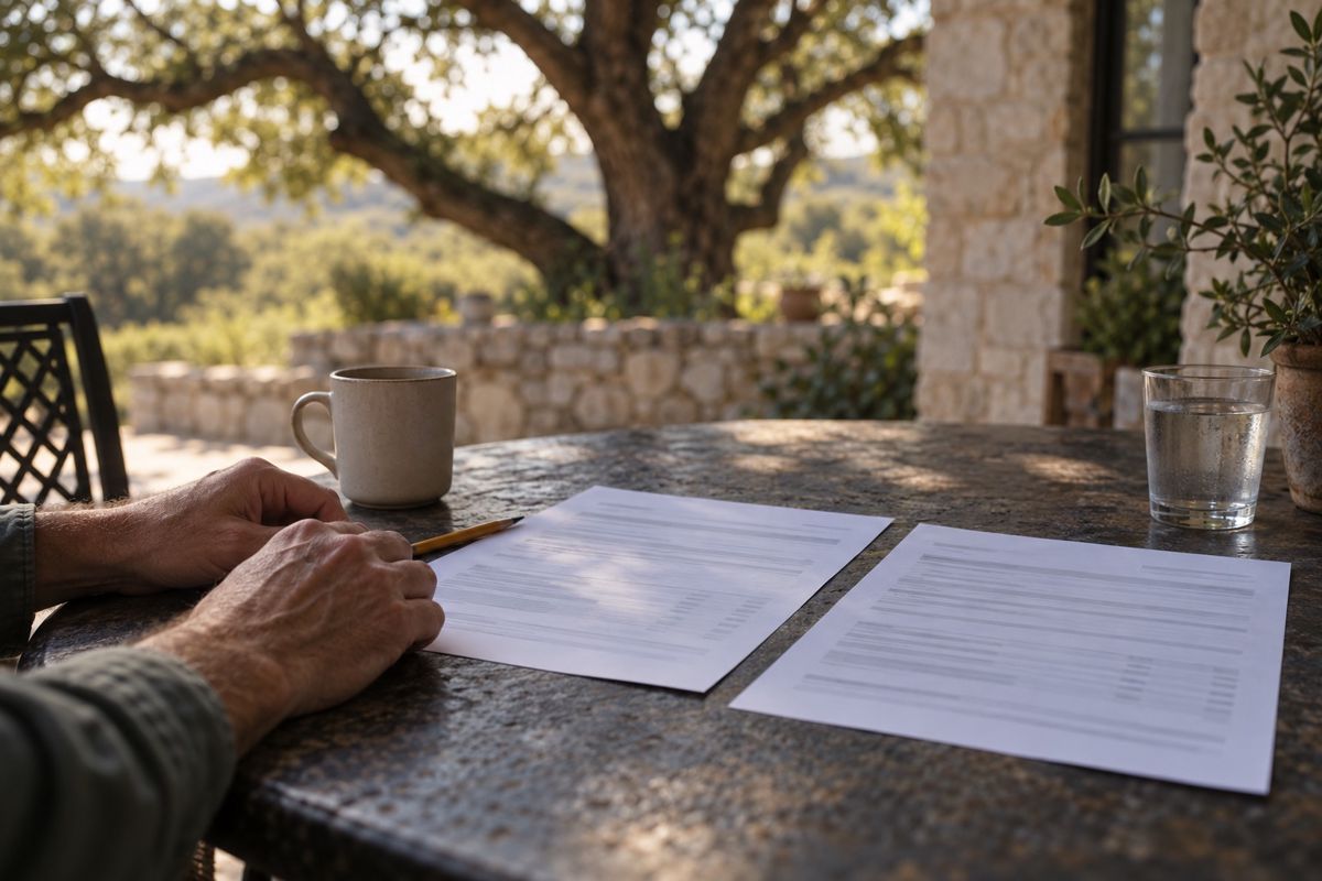 Homeowner's hands comparing two roofing estimates on a patio table