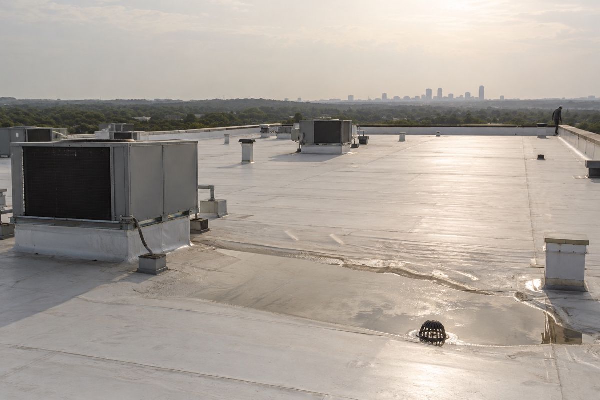 Flat white commercial roof with rooftop HVAC units and drains
