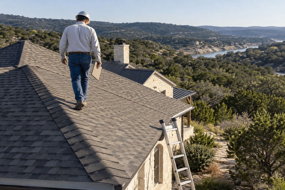 Inspector in a hard hat walking a shingle roof above Hill Country