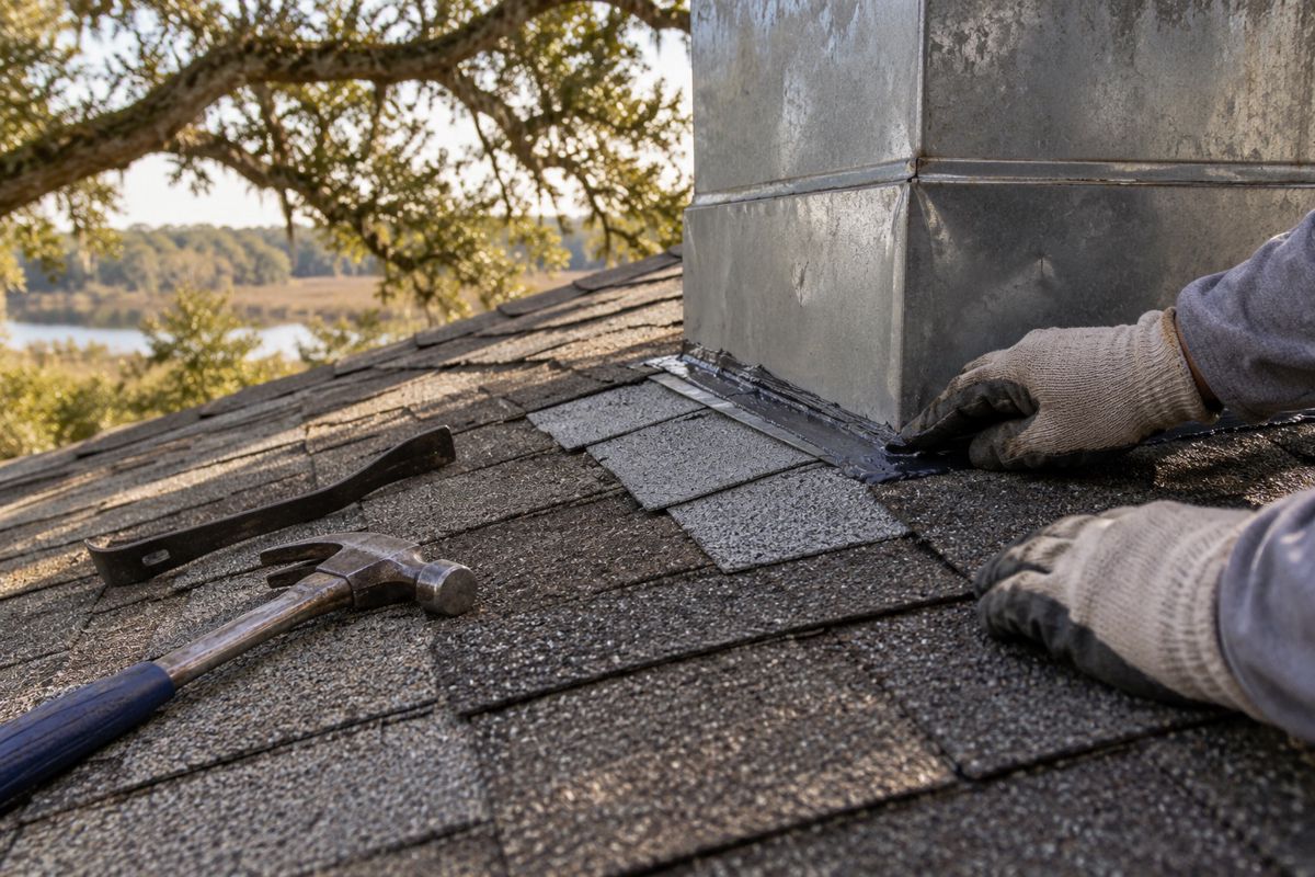 Gloved hands sealing chimney flashing on a faded shingle roof