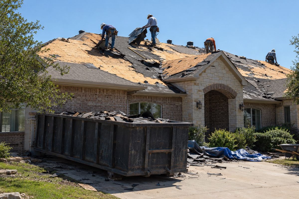 Crew tearing old shingles off a brick home in the Texas sun