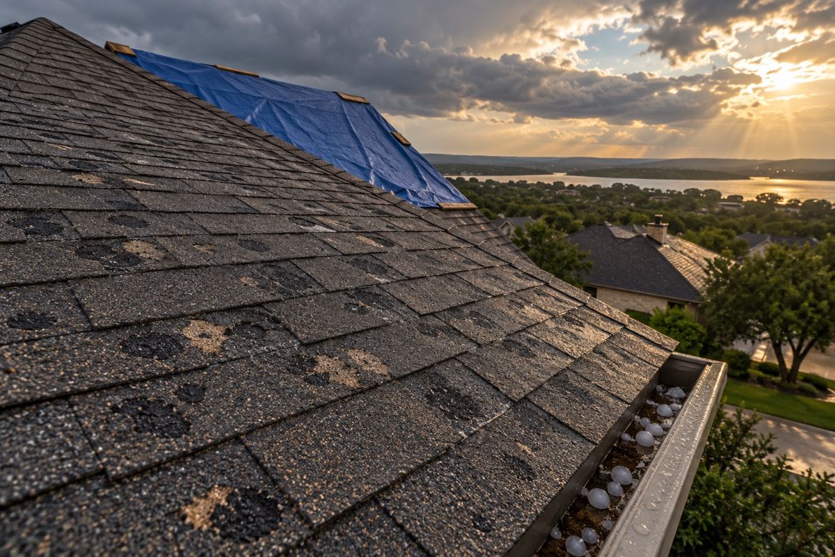 Hail bruises on shingles and a partial tarp after a Texas storm